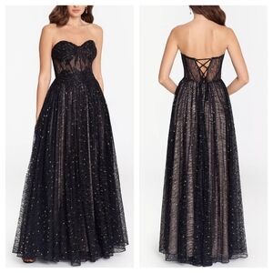 Betsy & Adam Gold and Black Strapless Gown